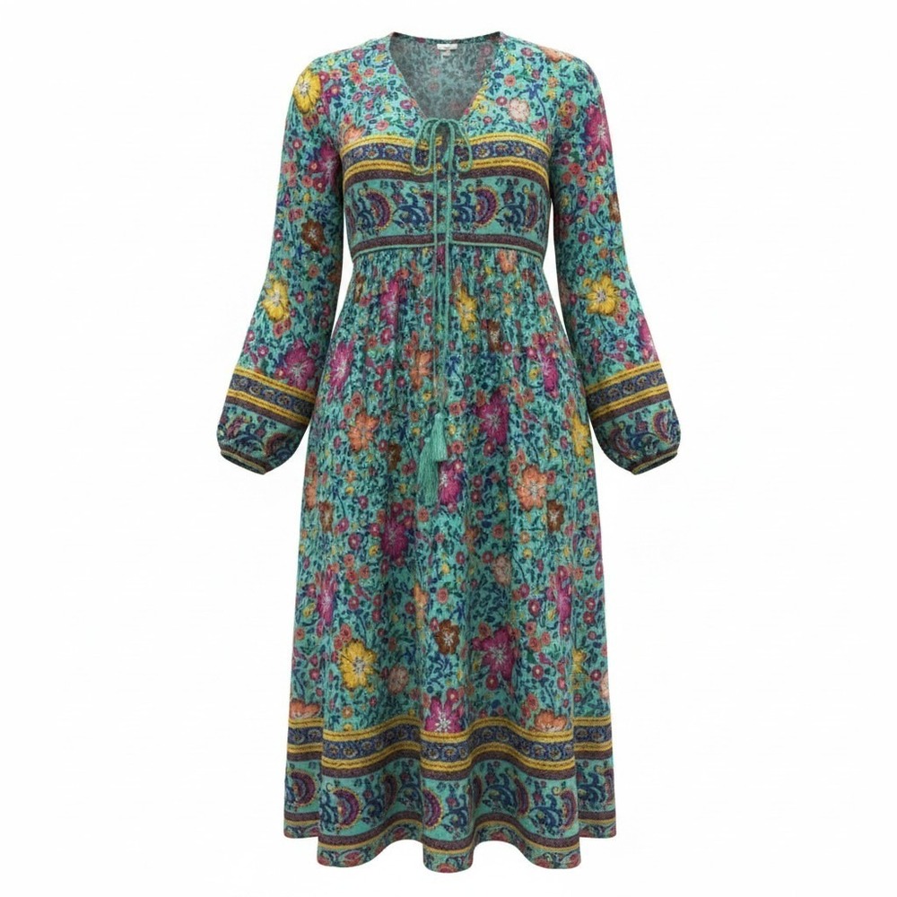 R.Vivimos Dress Womens Size S Teal Floral Boho Long Sleeve Tassel Tie Midi